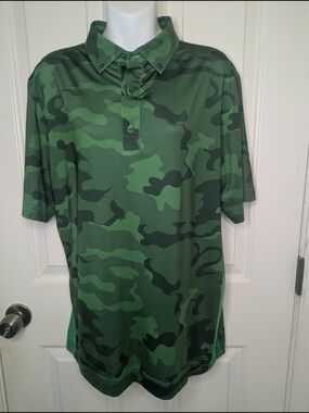 DEOLAX Mens M Polo Performance Moisture Wicking Green Camo Golf Shirt Casual Dry